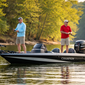 Two men fishing on a motorboat near a wooded lakeshore.
