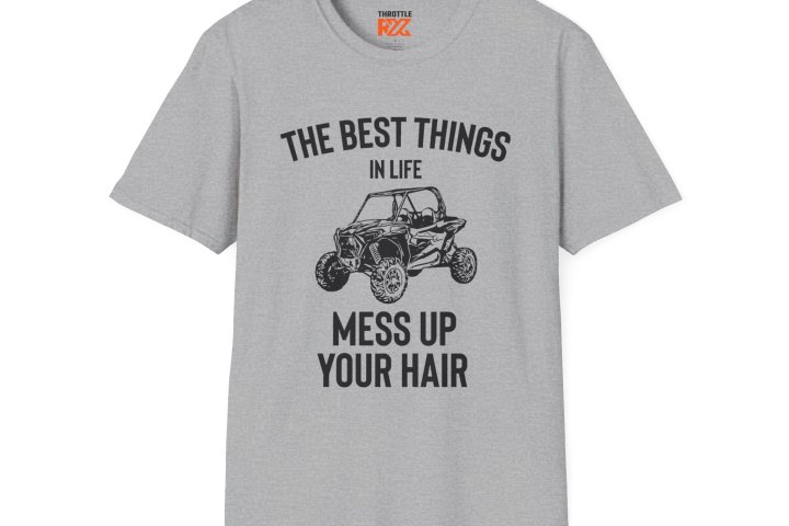 Gray T-shirt with text and an off-road vehicle graphic, reads 'The Best Things in Life Mess Up Your Hair.'