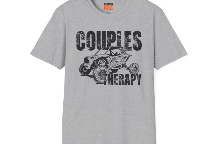 Gray T-shirt with 'COUPLES THERAPY' and off-road vehicle graphic.