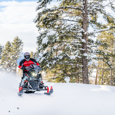 Person riding a snowmobile through a snowy forest path with tall pine trees.