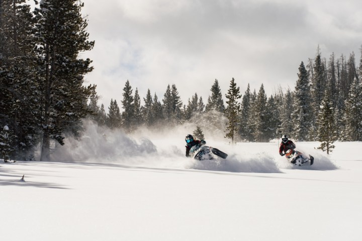 Two snowmobilers ride through a snowy forest landscape creating trails of snow behind them.