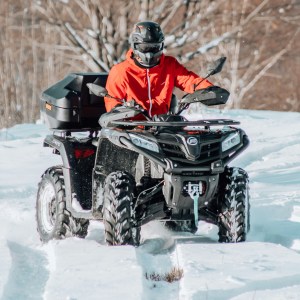 Person in red jacket riding an ATV in snowy landscape with bare trees.