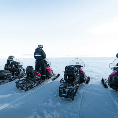Four people on snowmobiles in snowy landscape, wearing winter gear, facing an open horizon.